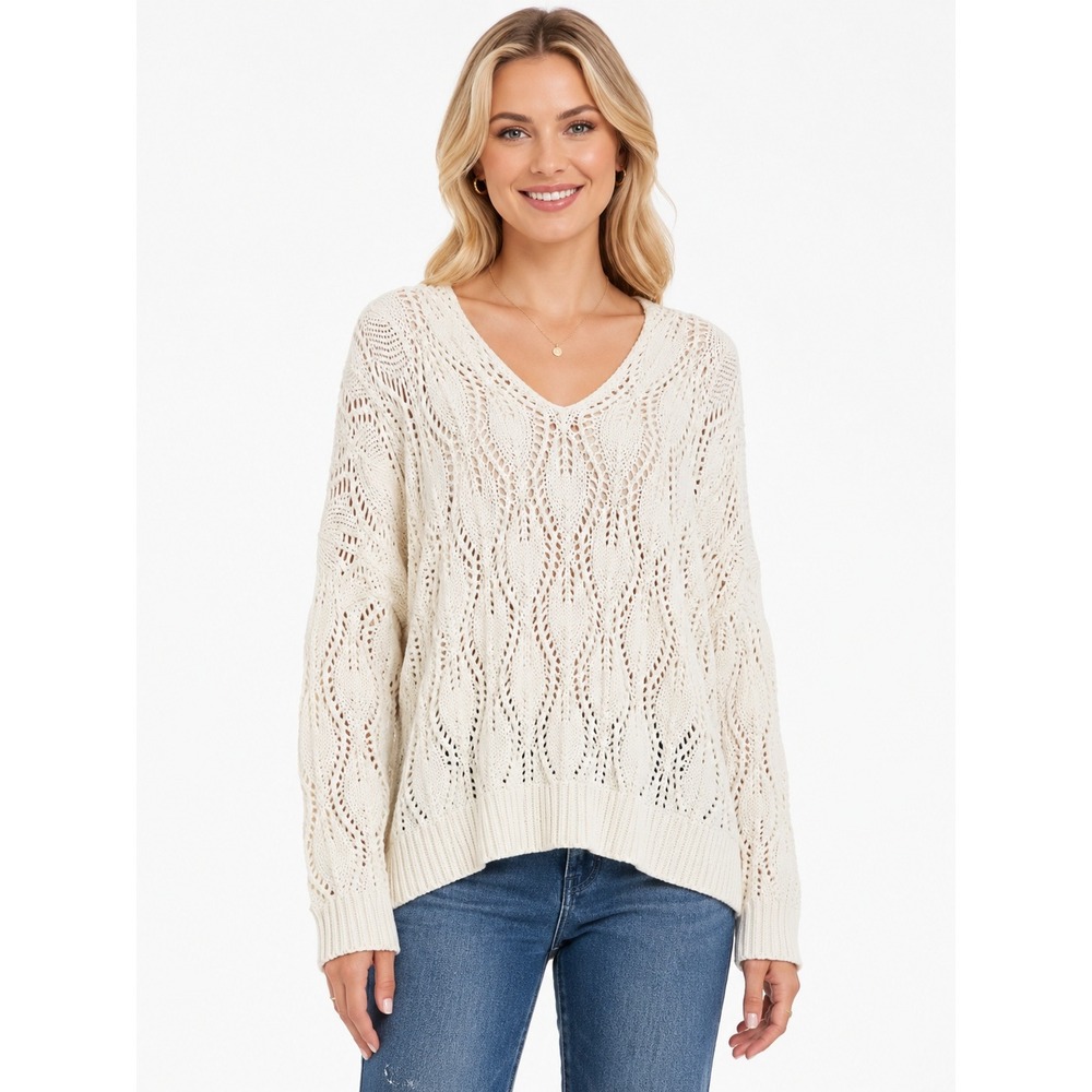Dokotoo Crochet Sweater Womens Large White Open Knit V-Neck Oversized Pullover